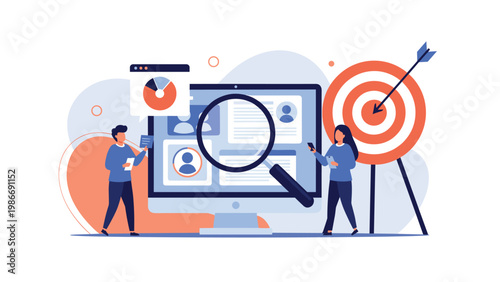 Human resources and recruitment strategy showing people profiles on a large monitor being inspected with a magnifying glass.