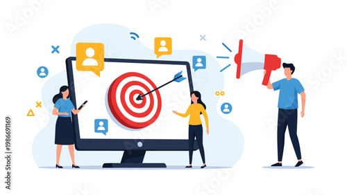 Targeted marketing campaign and public relations concept showing people interacting with a bullseye on screen and a megaphone.