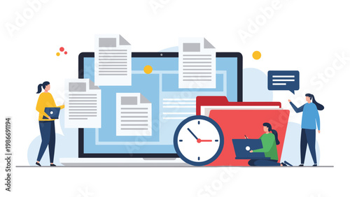 Productive workflow and document management system showing people working with digital files and a clock for time tracking.