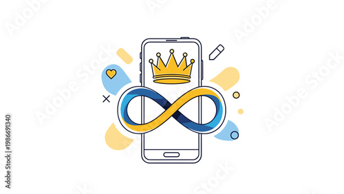 Smartphone with infinity sign and crown showing a concept of premium mobile services and unlimited digital possibilities.
