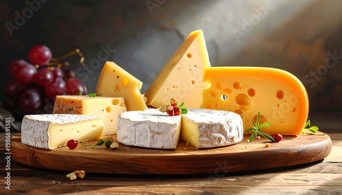 Assortment of gourmet cheeses on a wooden board, with grapes and nuts