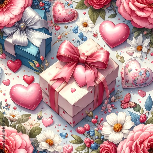 Assortment of gifts, hearts, and flowers in a festive romantic scene