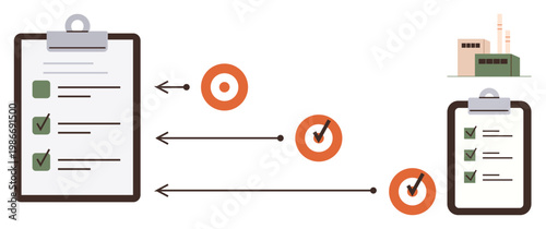 Business workflows, task prioritization, quality management, productivity tracking, goal setting, project management. Checklists, arrows icons connecting tasks and targets. Business workflow