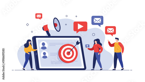 Integrated digital marketing and social media engagement showing targeted profiles, megaphone announcements, and communication icons.