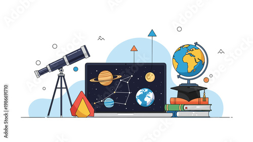 Astronomy education and space exploration learning concept showing planets on a laptop screen with a telescope and globe.