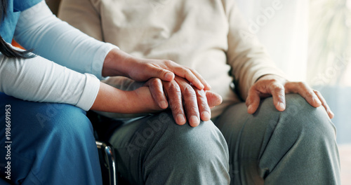 фотографія Nurse, holding hands or old man in wheelchair at nursing home, support or trust for rehabilitation