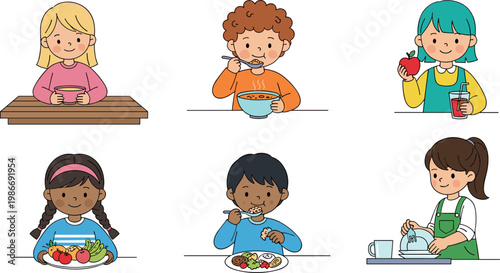 Children Eating and Enjoying Healthy Food, Fun Meal Time Illustrations for Kids