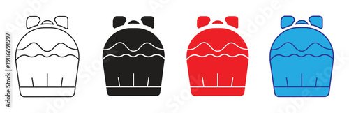 Photography Set of four simple outline and filled icons representing a stylized chef hat in black, red, and blue, with a white line drawing for versatility and design
