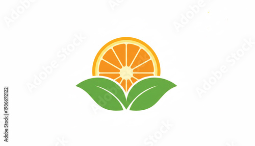 Leaf and sun icon with green sprout leaves over an orange sunrise circle for eco energy and sustainability design