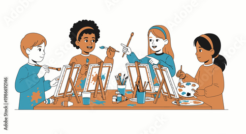 Children painting on easels together creatively.