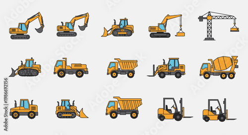 Collection of heavy construction vehicles icons.