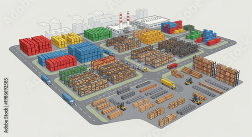 Overhead View of a Lumberyard with Stacks of Wood and Equipment.