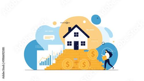 Real estate investment and home ownership success showing a house on top of gold coins and performance growth charts.