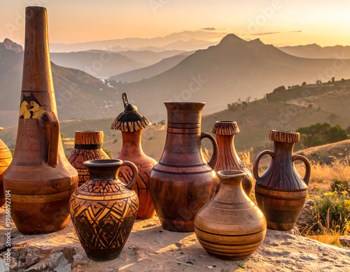 Assortment of handmade pottery vessels set against mountain sunset scene