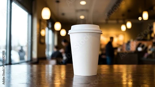 Blank White Takeaway Coffee Cup Mockup on Wooden Table in Cafe
