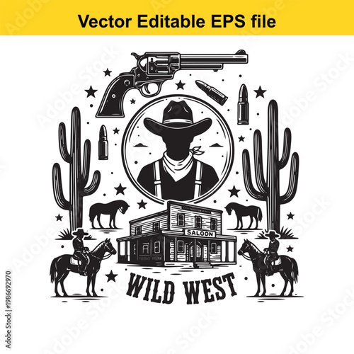 Wild West Cowboy Saloon Scene with Revolver and Cacti - Vector Art