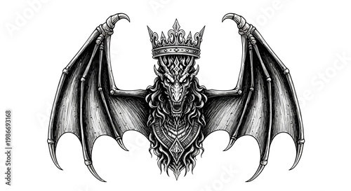 Fantasy dragon king illustration with crown and wings isolated on white