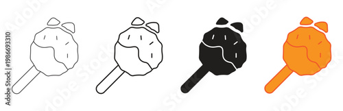 A set of four stylized popsicle icons showing a simple outline, a reversed outline, a black silhouette, and a vibrant orange filled version for food and summer concepts.