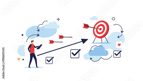 Determined businessman shoots arrows at bullseye target among clouds and checkmarks symbolizing goal achievement and professional success.