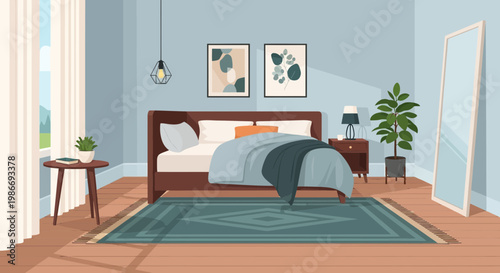 Bed with blue and white sheets.