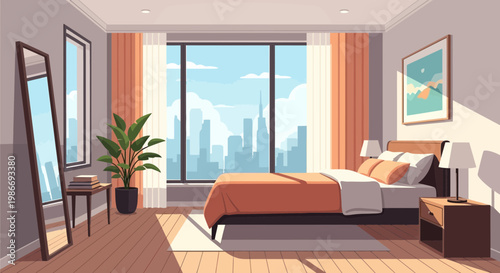 Bed with orange and white sheets.