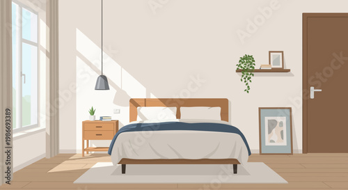 Bed with white and blue sheets.