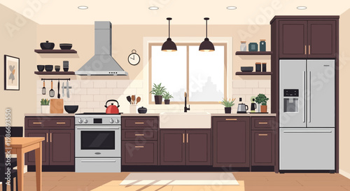 Modern kitchen with dark brown cabinets.