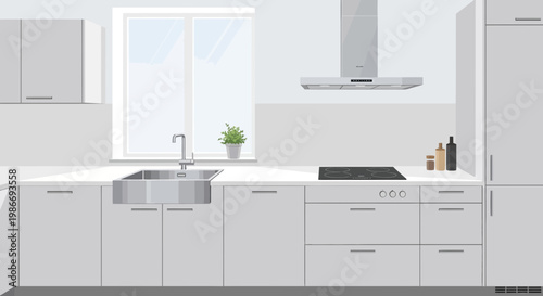 Modern kitchen sink and stove area.