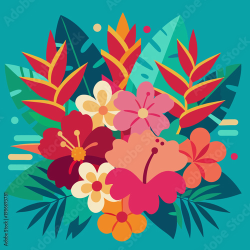 Vibrant tropical floral arrangement with exotic flowers and lush green foliage on a teal background, perfect for summer and vacation themes
