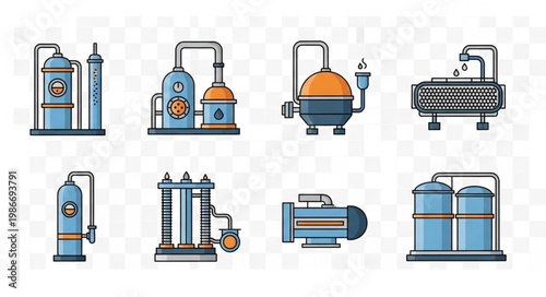 Chemical Industry Equipment Icons - Distillation, Filtration, and Storage.