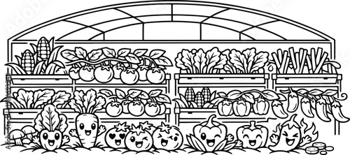 Cartoon vegetables growing inside a greenhouse environment with black and white line art zucchini