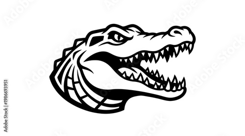 Stylized black and white alligator head with open jaws isolated on white background