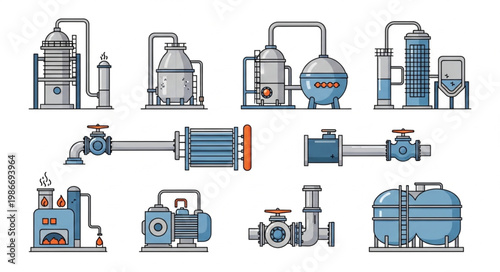 Industrial Equipment and Machinery Vector Illustration Set.