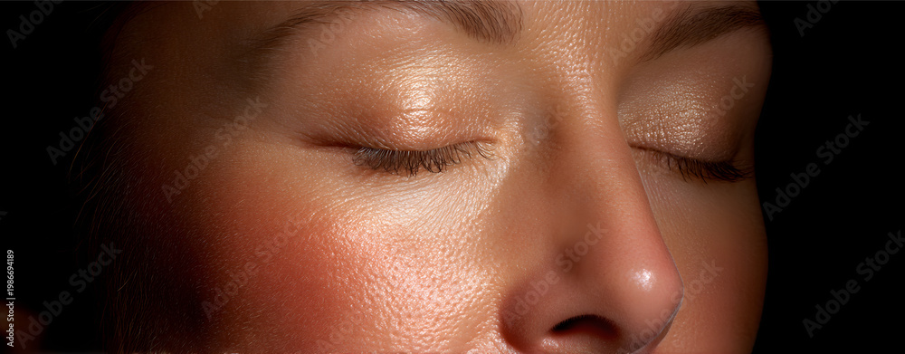 Fototapeta premium Close-up of a person's face showing smooth, glowing skin with eyes closed, highlighting natural beauty and healthy complexion.
