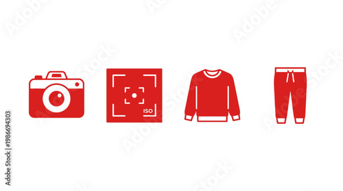 Red icon set camera focus sweater and pants on a white background