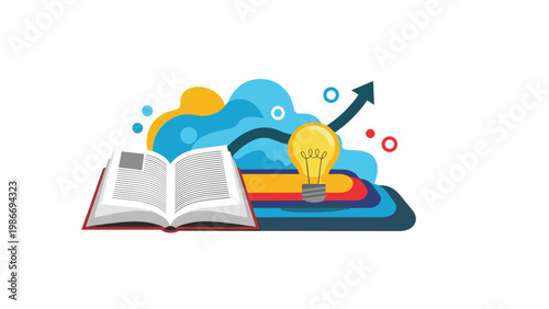 Personal growth and education concept featuring open book with bright light bulb and upward arrow symbolizing learning and innovation.