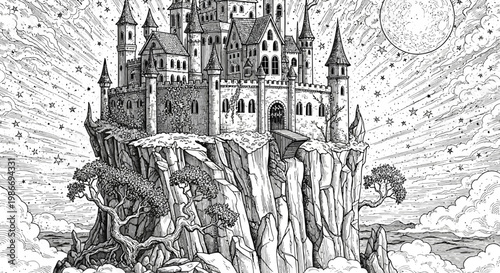Fantasy castle illustration with detailed architecture on a rocky cliff under stars