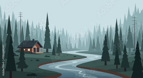 Cozy Cabin in a Serene Forest Landscape with Winding River.