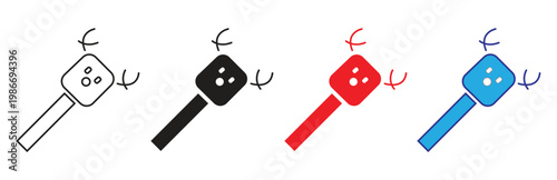 Set of four dental drill icons in black white red and blue depicting a dentist's tool for tooth examination and cleaning with dots representing teeth or mouth interior