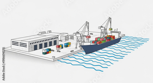 Cargo Ship Docked at Port with Containers and Cranes.