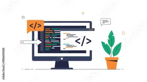 Software development workspace featuring computer monitor with code on screen and green plant symbolizing clean programming and technology.