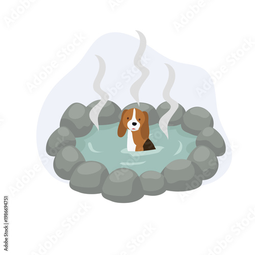 dog in hot spring onsen bath cute pet relaxation illustration with steam and stone pool