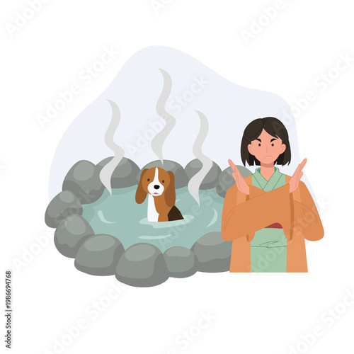 onsen bath etiquette illustration dog in hot spring with prohibition gesture and hygiene rule concept