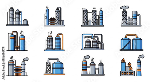 Industrial Plant Icons - Chemical and Oil Refinery Illustrations.