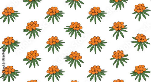 Sea Buckthorn Berry Seamless Pattern Vector Illustration with Orange Berries and Green Leaves Botanical Background