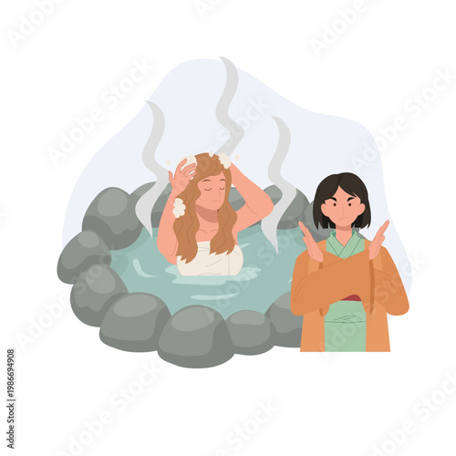 onsen etiquette no washing hair in hot spring woman bathing while another shows stop gesture japanese spa rules illustration