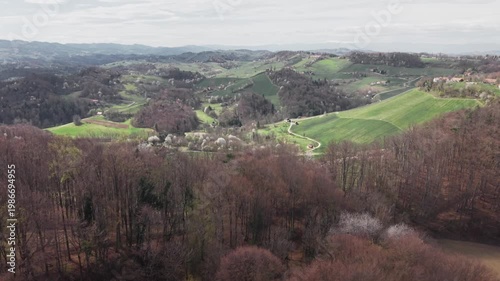 Aerial Drone View of Green Rolling Hills and Rural Countryside