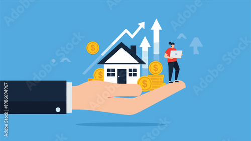 Real estate investment concept featuring large hand holding house with characters coins and rising arrows representing home ownership growth.