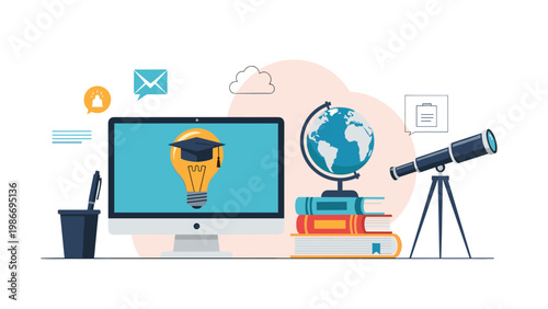 Comprehensive online learning concept featuring computer monitor with light bulb graduation cap globe books and telescope for research.