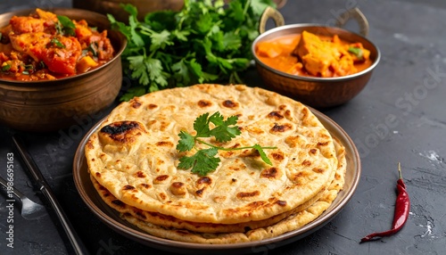 Assortment of Indian cuisine with bread, herbs, and spicy dishes